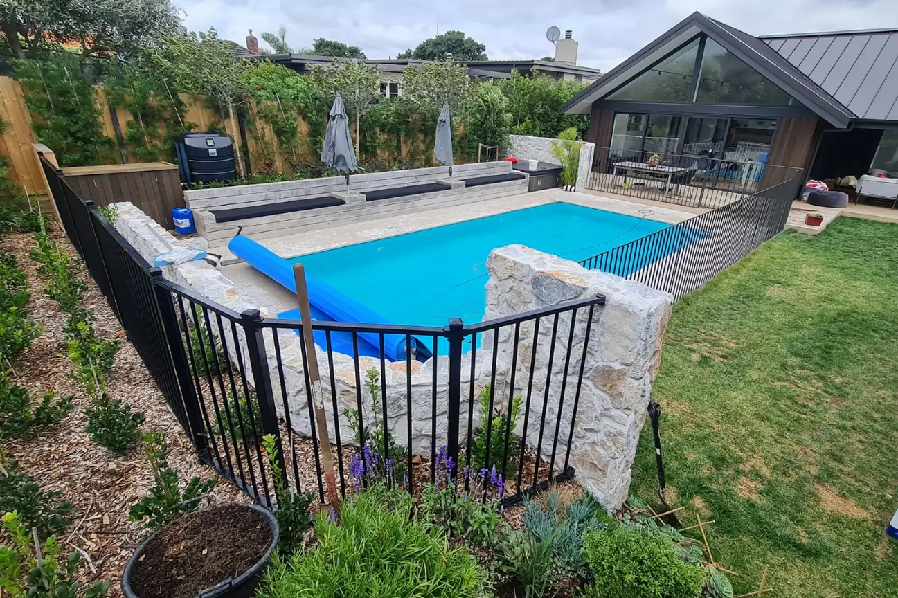 Poolside fence built by Balcony Construction Christchurch professional Fencing Christchurch experts.