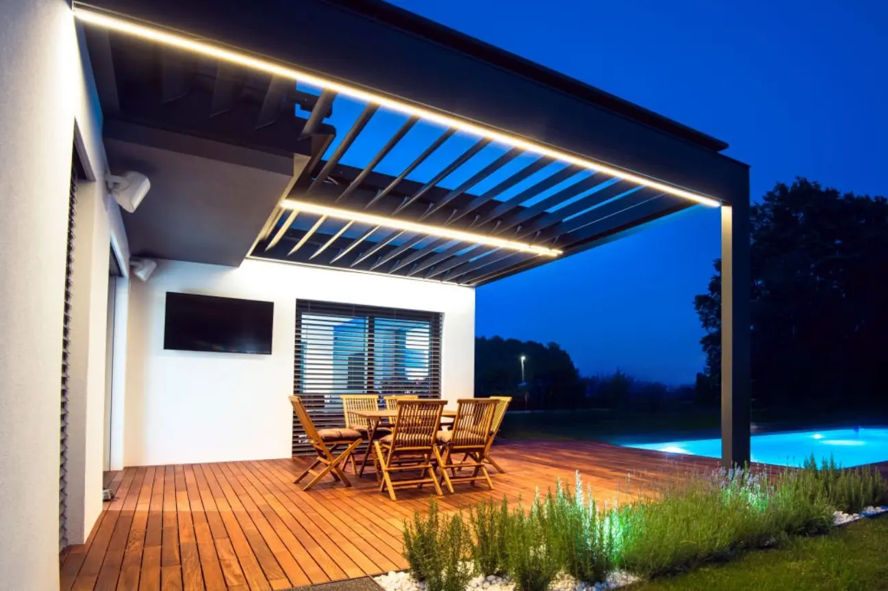 Pergola with built-in lighting crafted by Balcony Construction Christchurch Pergolas Christchurch specialists.